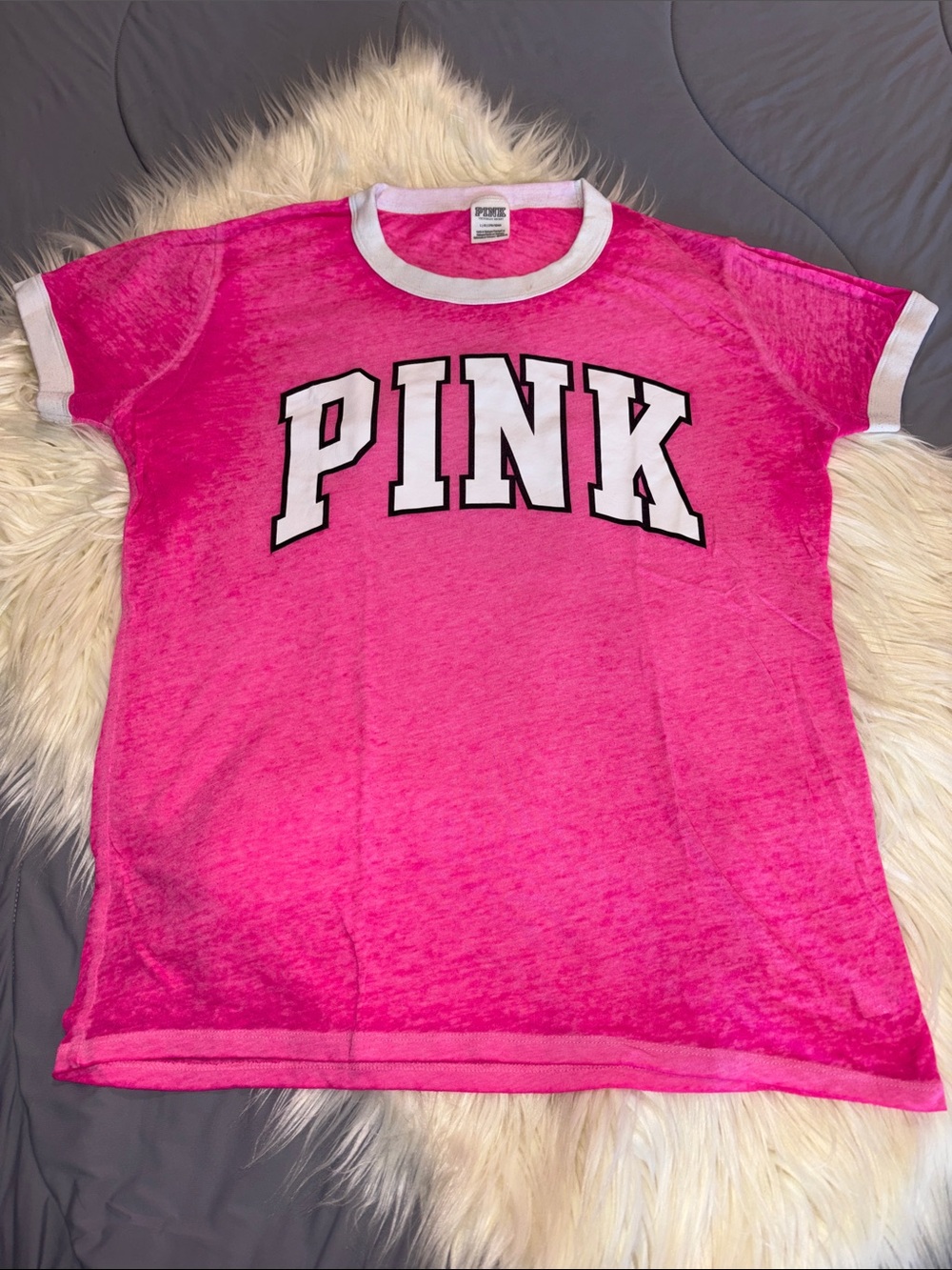 PINK Victoria's Secret Bright Pink Ringer Tee with White Trim